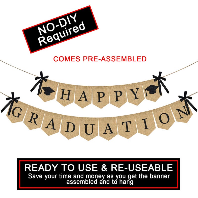 Partyprops Burlap Happy Graduation Banner | Rustic Vintage Graduation Decorations | Perfect for Grad Party Supplies 2025 | Grad Party Decor for Home, College, Senior, High School Prom Decorations - Image 3